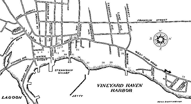 Map of Vineyard Haven, showing locations of old houses
